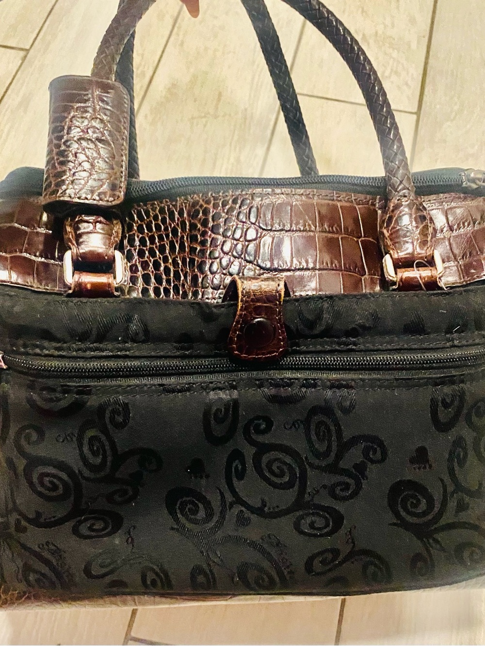 Vintage Brighton Lansky croc-embossed leather and fabric travel weekender bag - Picture 6 of 14